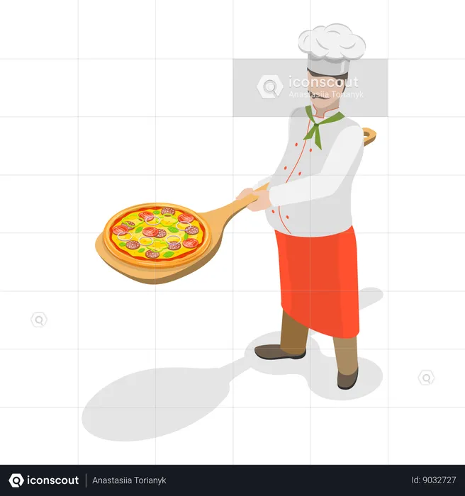 Chef italien debout avec pizza  Illustration