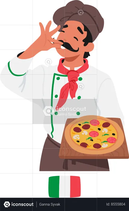 Chef italien passionné en uniforme blanc classique et grand chapeau  Illustration