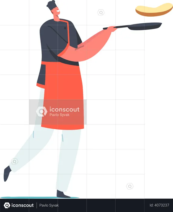 Chef jogando panquecas no ar na panela  Ilustração
