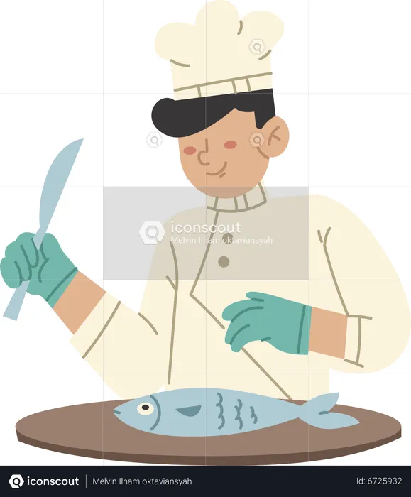 Chef limpiando pescado  Ilustración