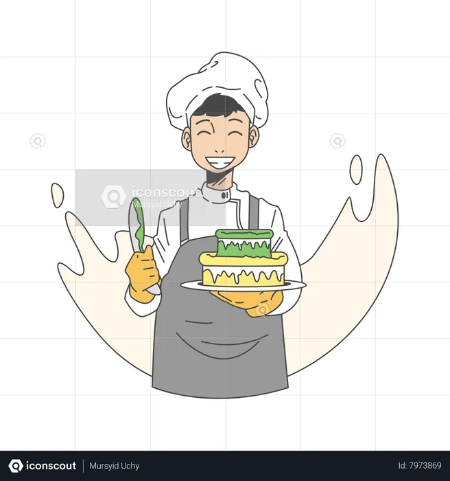 Chef making birthday cake  Illustration
