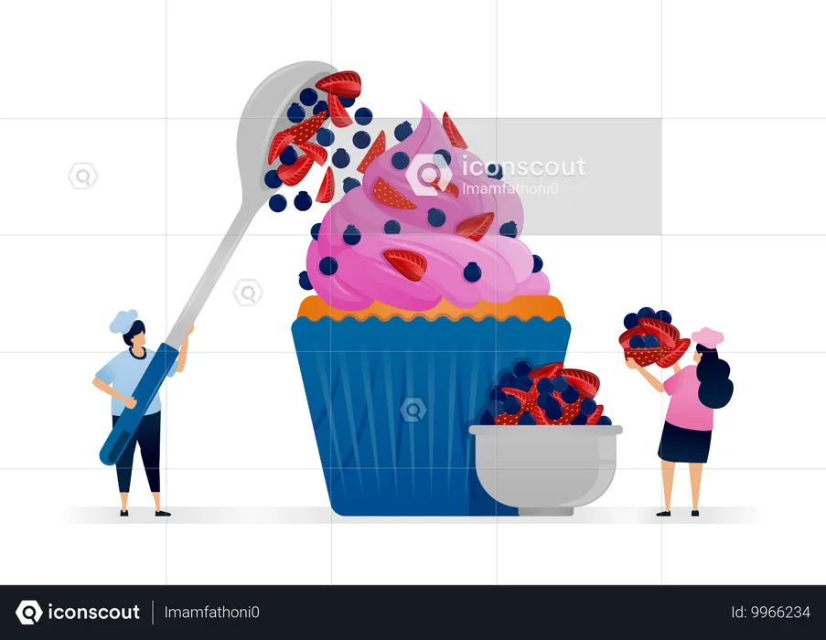 Chef making cupcakes with pink cream topping and blueberries mixed with strawberry pieces  Illustration