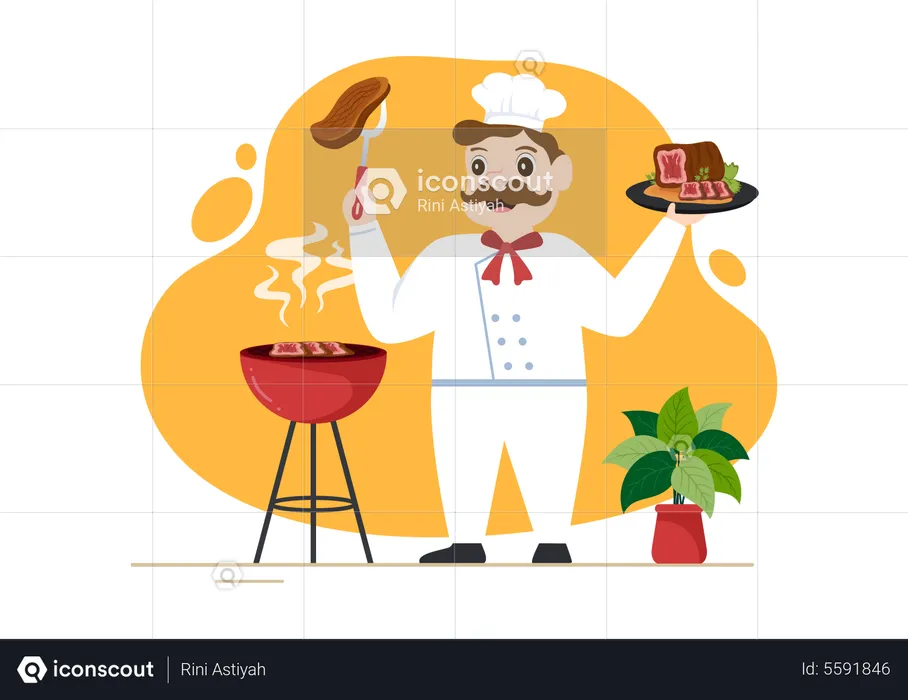Chef making Grilled Meat with Juicy Delicious Steak  Illustration