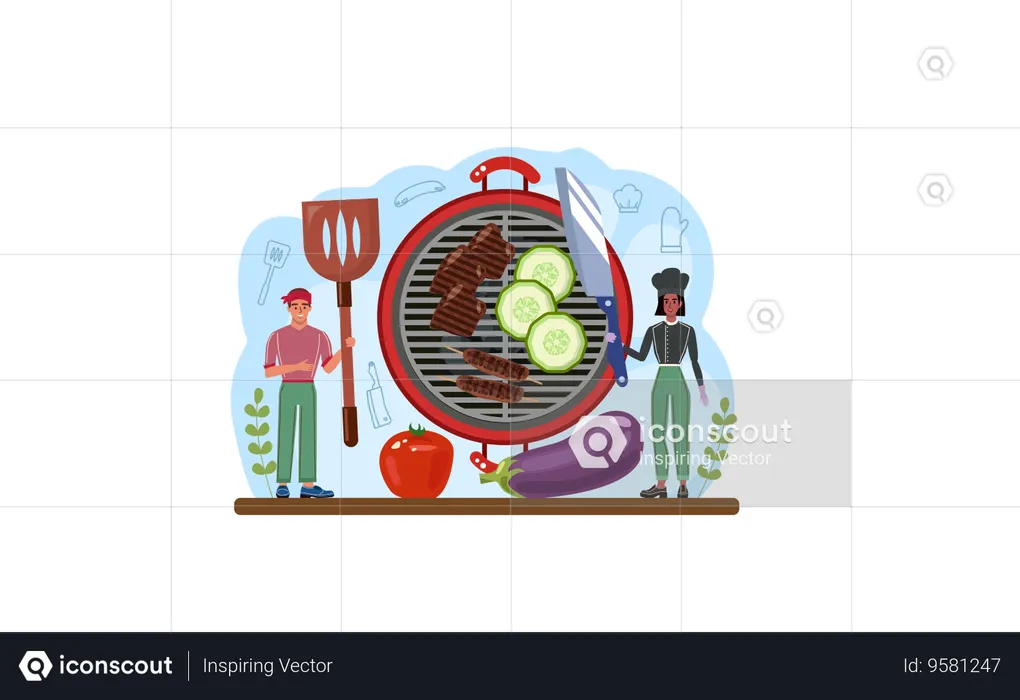 Chef making Grilled meat with vegetables  Illustration