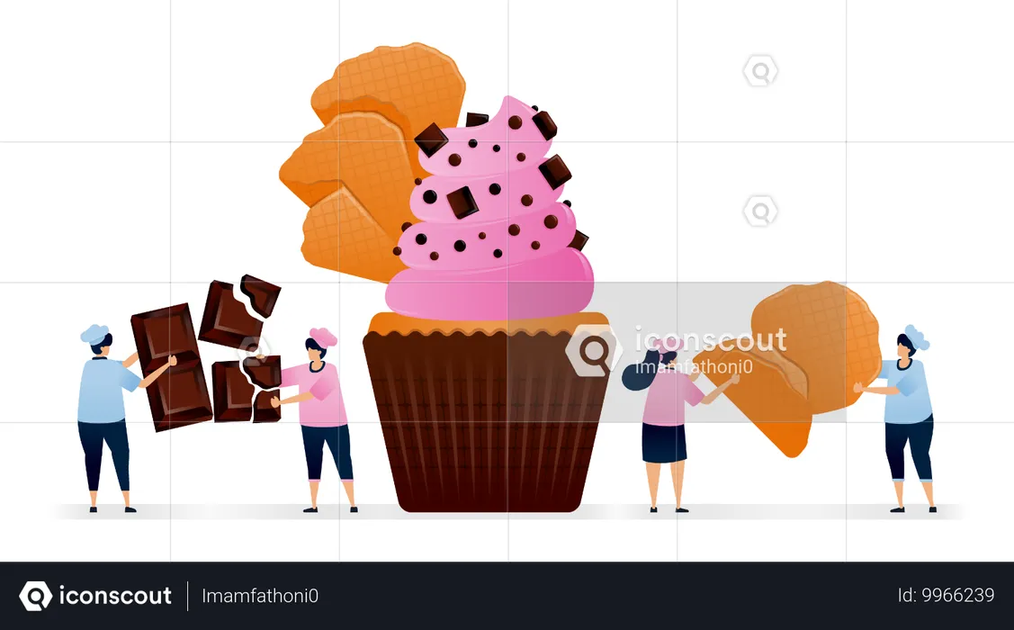 Chef making muffin with topping of chunk chocolate and large pieces of flat crispy cone wafer  Illustration