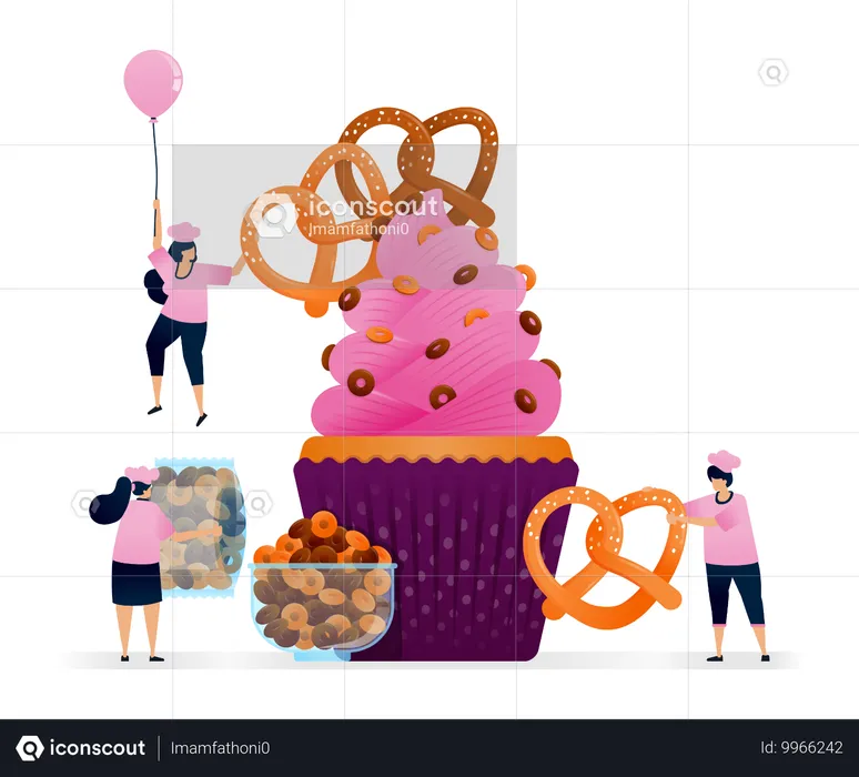 Chef making muffin with topping of savoury salted pretzel and sprinkle of chocolate breakfast cereal. Illustrations can be used for cookbook covers, banners, flyer, ads  Illustration