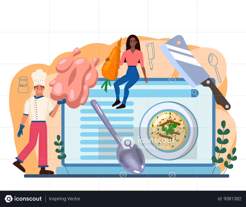 Chef making online chicken soup  Illustration