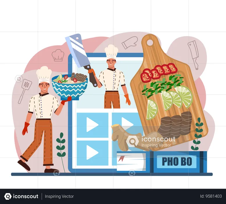 Chef making online Vietnamese soup in bowl  Illustration