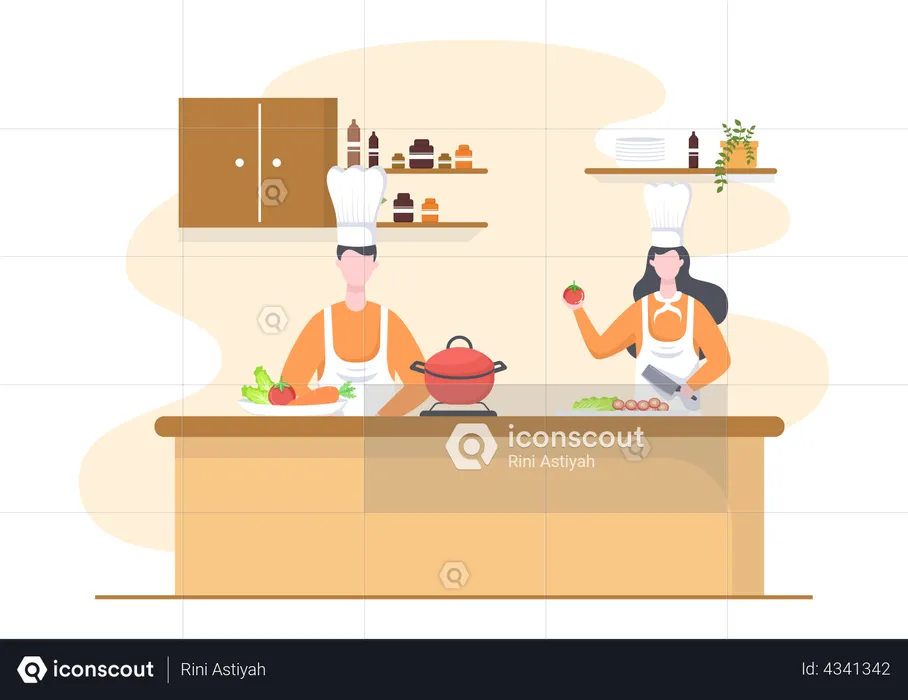 Chef man and female preparing food  Illustration