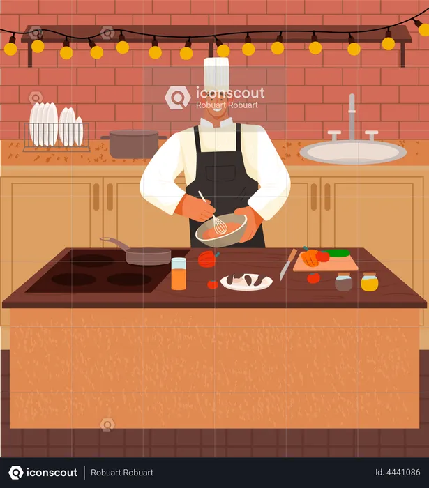 Chef man cook dish at kitchen  Illustration