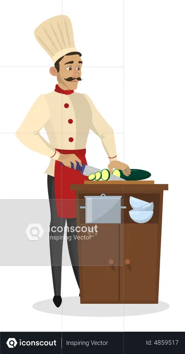 Chef masculino cortando pepino  Ilustración