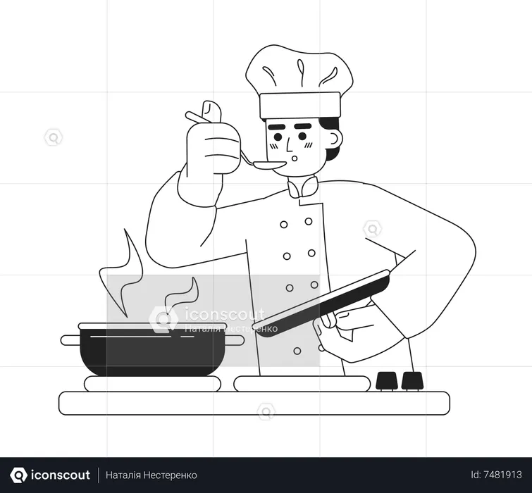 Chef masculino prueba la comida  Ilustración