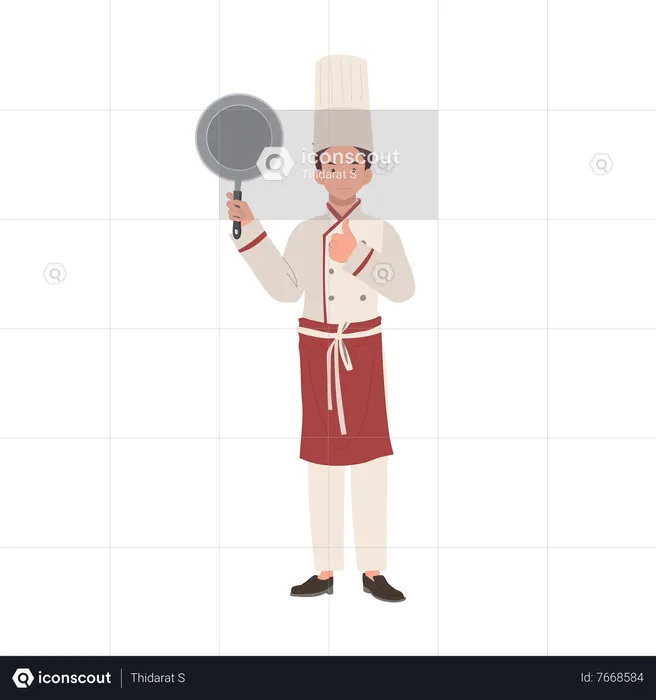 Chef masculino segurando a panela e desistindo do polegar  Ilustração