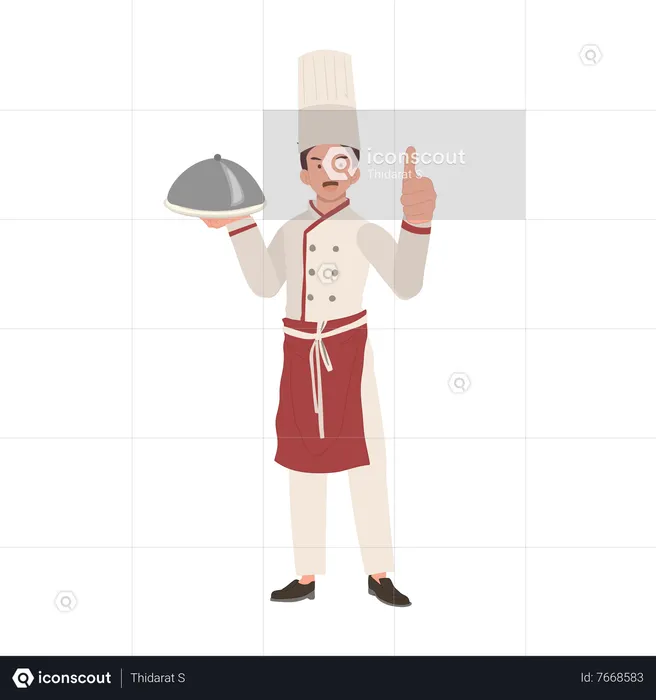 Chef masculino sonriente sosteniendo cloche y dando el pulgar hacia arriba  Ilustración