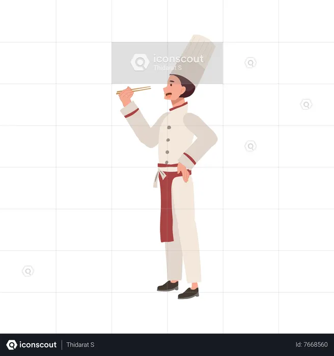 Chef masculino sorridente feliz segurando pauzinhos  Ilustração