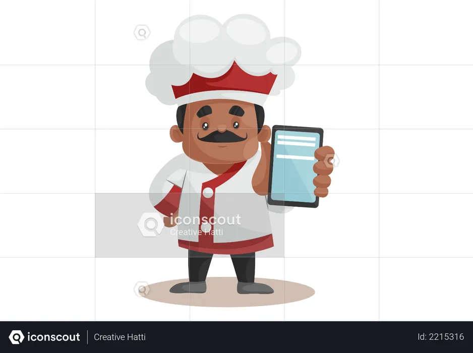 Chef mostrando Smartphone para pedidos en línea  Ilustración