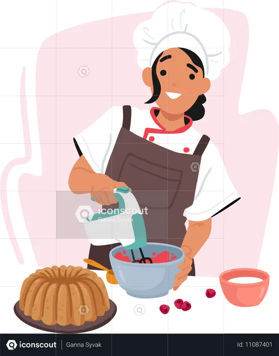 Chef mujer mezclando crema  Ilustración