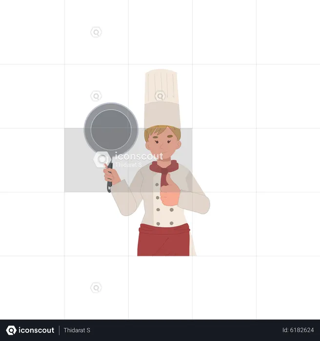 Mulher chef segurando panela está fazendo gesto de polegar para cima  Ilustração