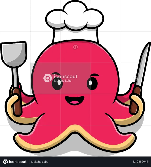 Chef Octopus Holding Spatula And Knife  Illustration