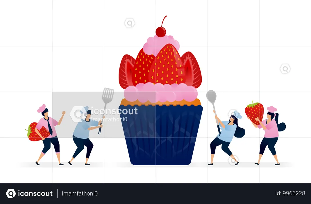 Chef préparant des cupcakes avec un glaçage à la fraise et de grosses tranches de fraises rouges  Illustration