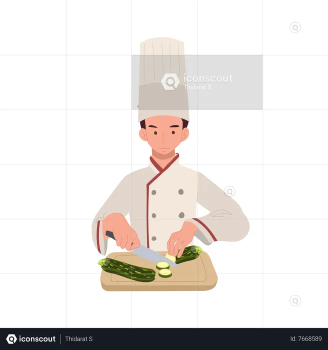 Chef masculino cortando verduras en la cocina  Ilustración