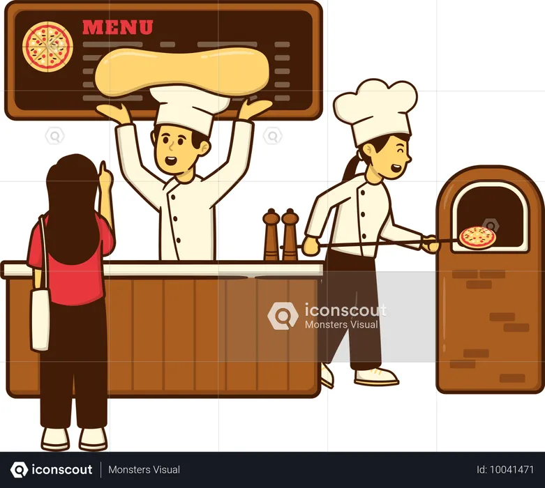 Chef preparando pizza al horno en el horno  Ilustración