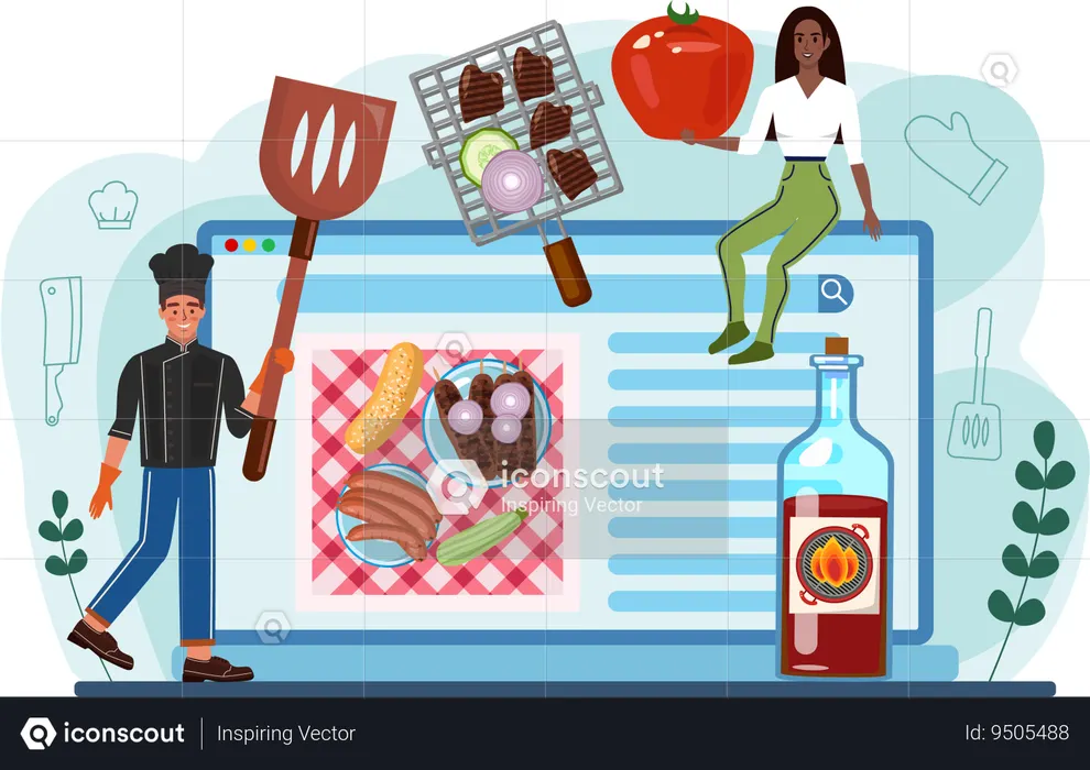 Chef prepares dish from website  Illustration