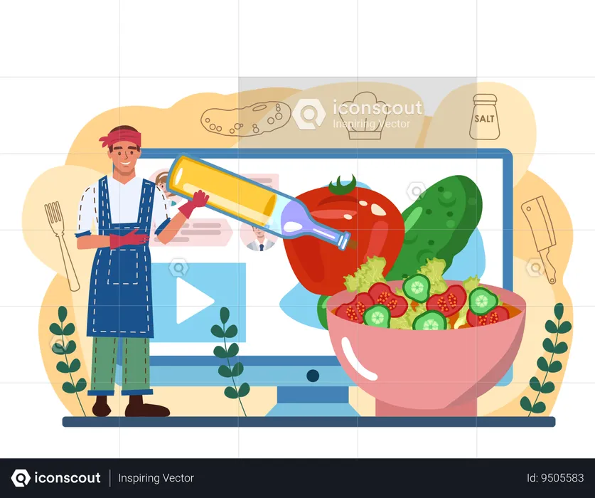 Chef prepares fresh salad in a bowl  Illustration