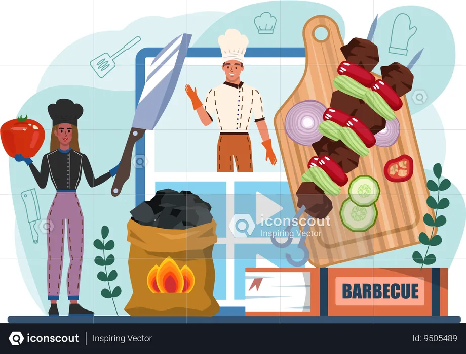 Chef prepares meal through online recipe  Illustration