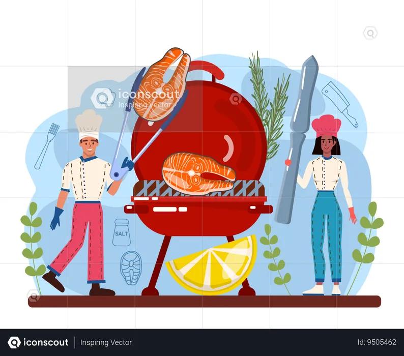 Chef preparing barbeque steak  Illustration
