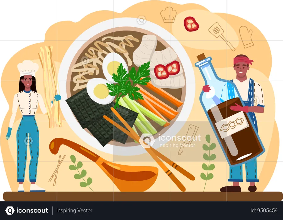 Chef preparing ramen bowl  Illustration