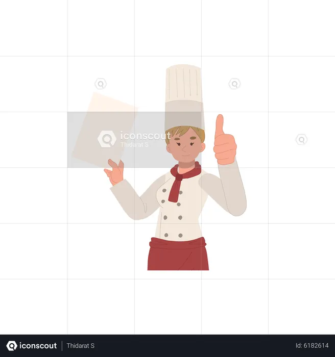 Chef mujer recomendando menú  Ilustración