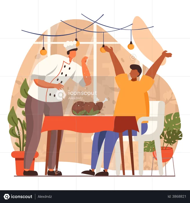 Chef serving Chicken to customer  Illustration