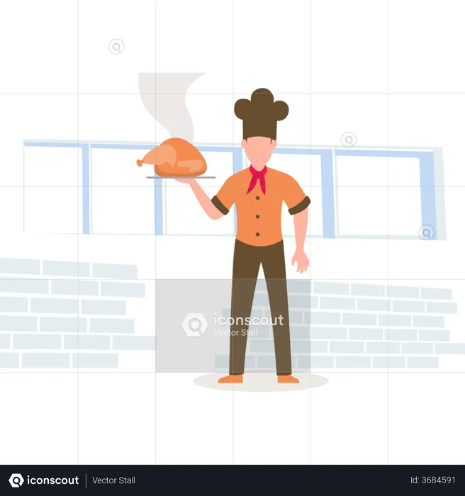 Chef standing with chicken tray  Illustration