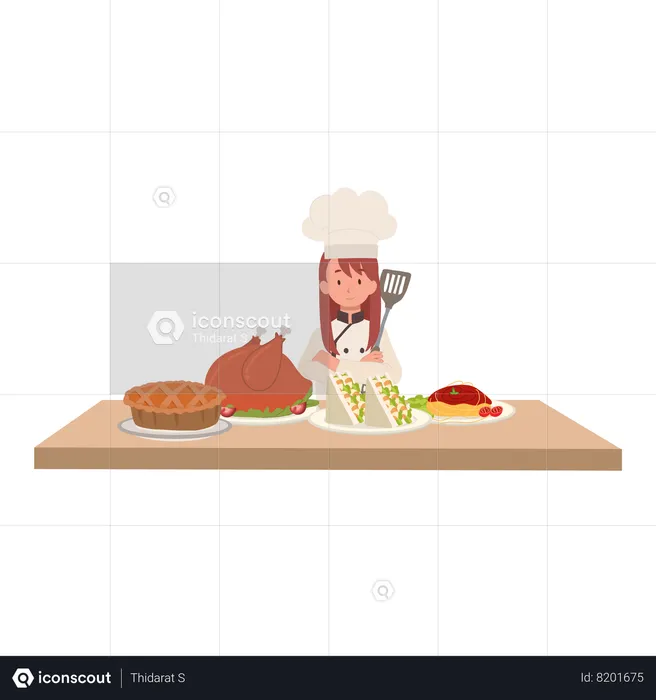 Chef Surrounded by Gourmet Dishes  Illustration