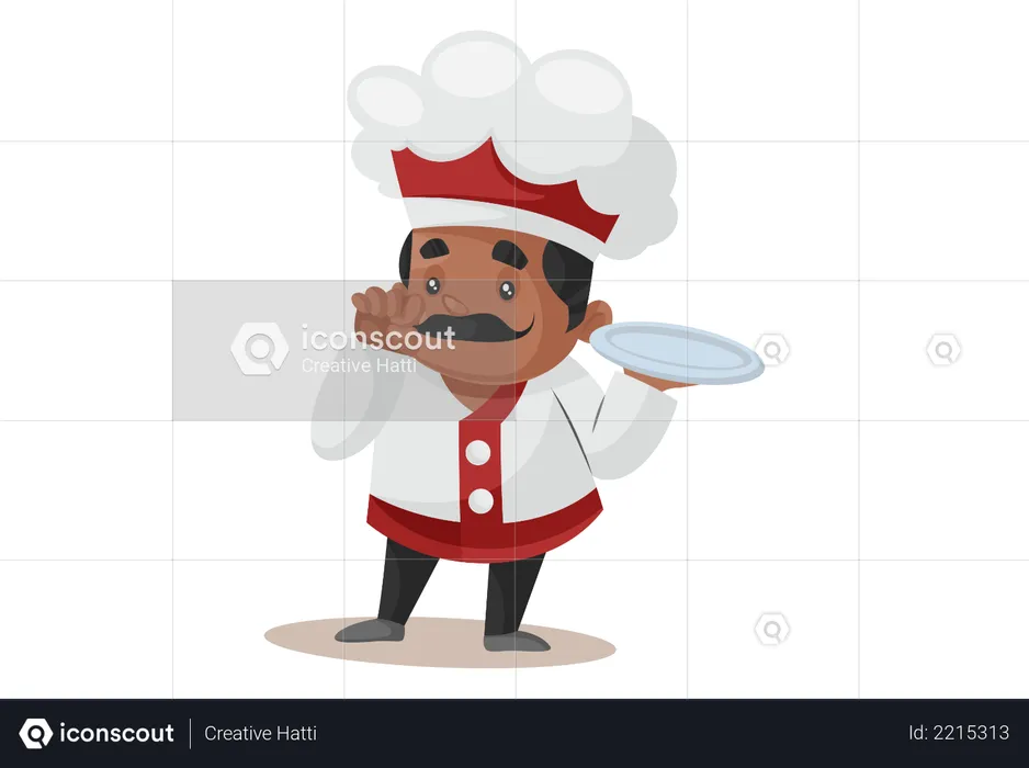 Chef turning his mustache while holding empty plate  Illustration