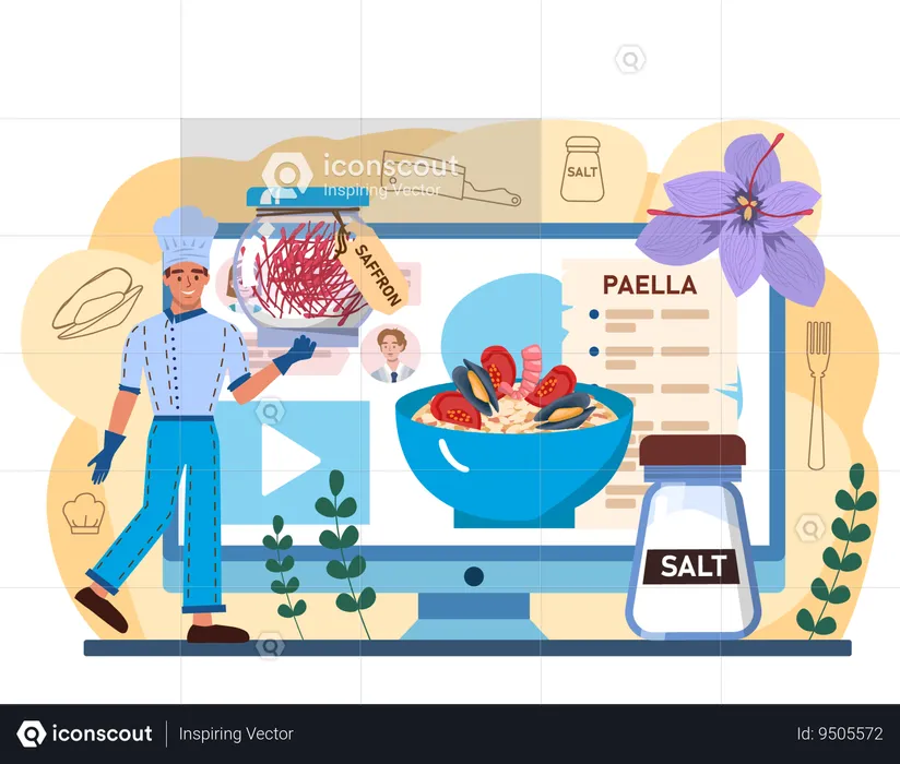 Chef viewing online recipe for cooking fish item  Illustration