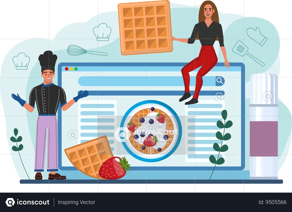 Chef viewing online recipe of waffle  Illustration