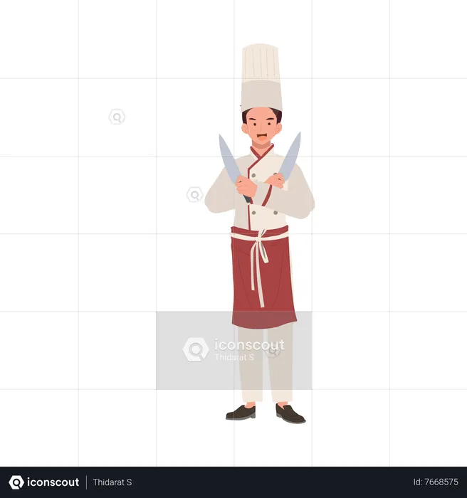 Chef wearing Uniform Crossed Arms with Knife  Illustration