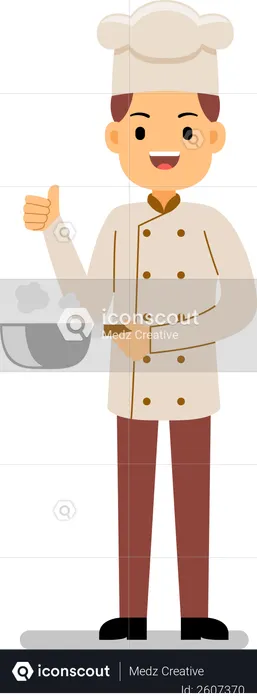 Chef with a frying pan with a done gesture  Illustration