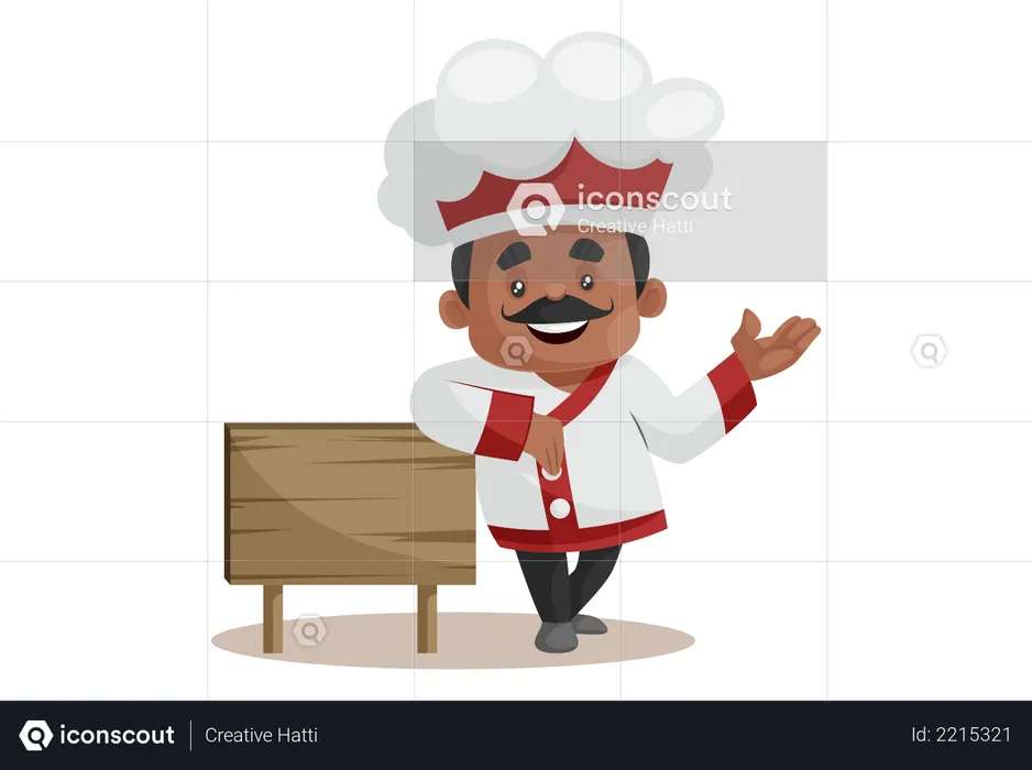 Chef With Empty Wooden Board Welcoming guest  Illustration