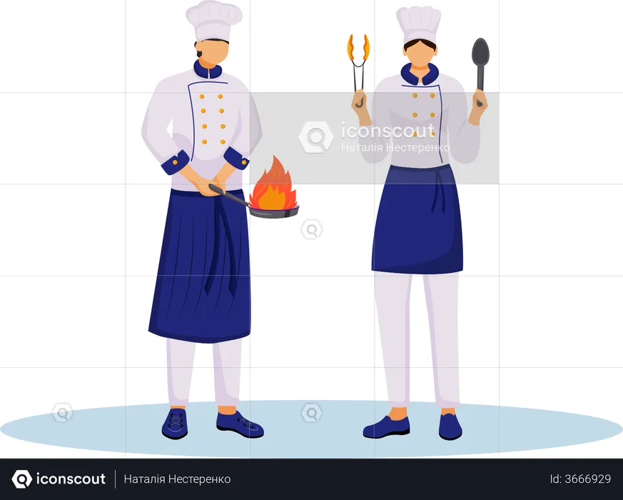 Chefs con utensilios de cocina.  Ilustración