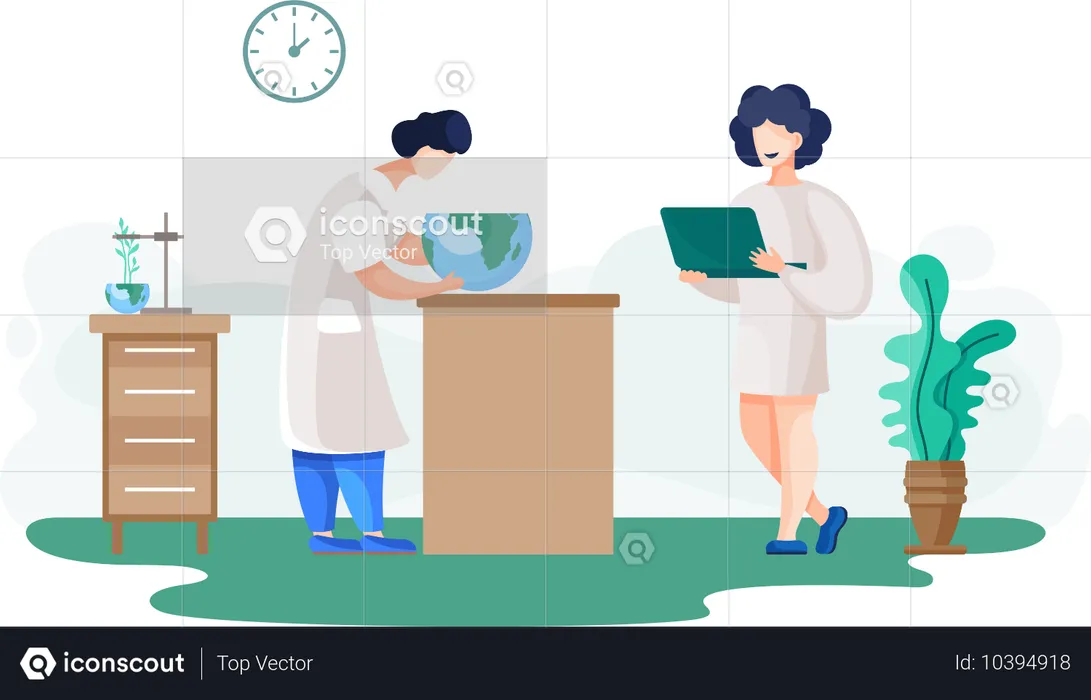 Chemical researchers with laptop explore ecology  Illustration