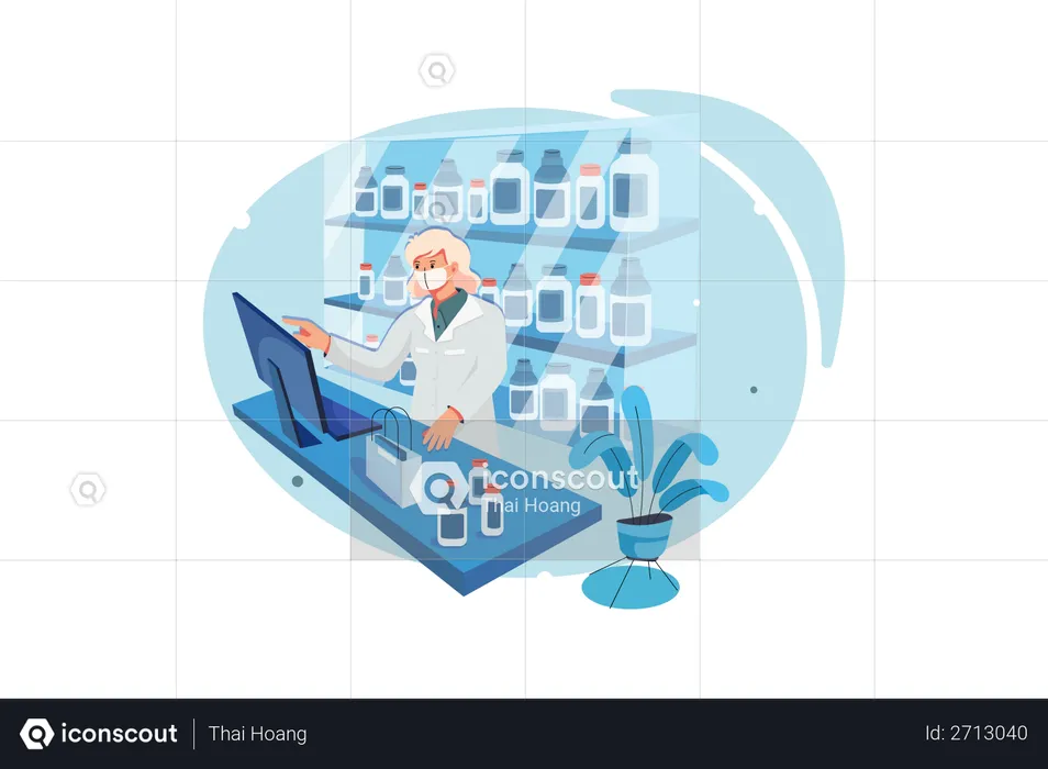 Chemist calculating medicines stocks on computer  Illustration