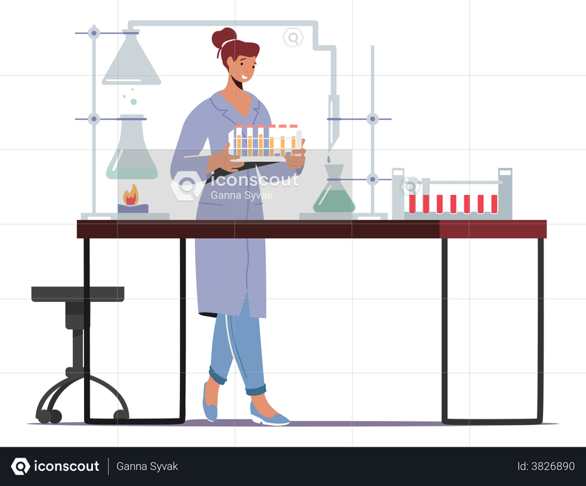 Chemist In Lab Coat Conducting Experiment And Scientific Research In Lab Illustration