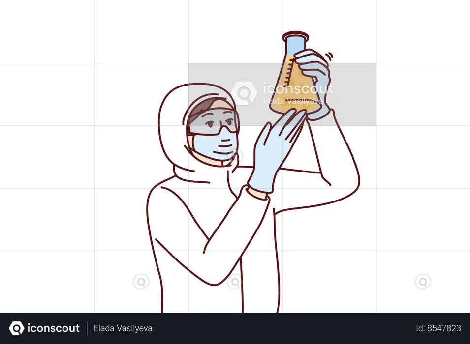Chemist laboratory assistant holds test tube with reagent examining hazardous substance  Illustration