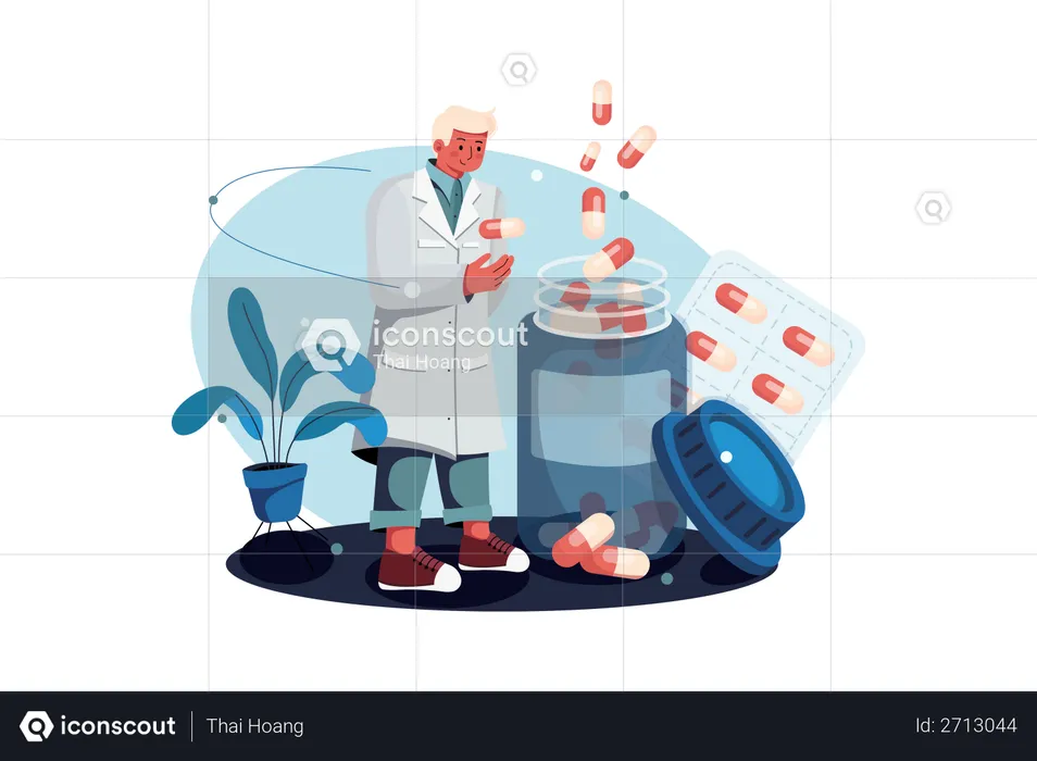 Chemist with pills bottle  Illustration