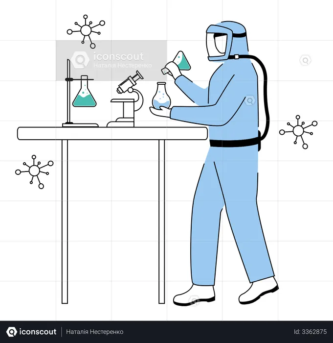 Chemistry experiment by scientist using protective suit  Illustration