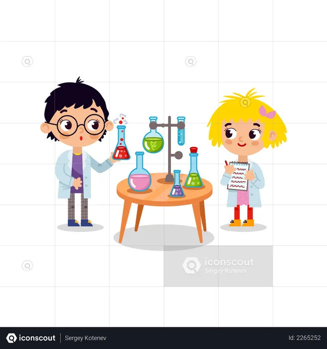 Chemistry laboratory. Little children scientists  Illustration