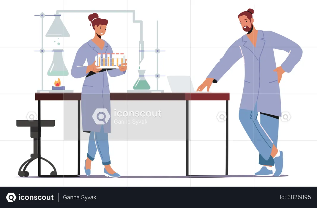 Chemists Conducting Experiments And Scientific Research In Laboratory  Illustration